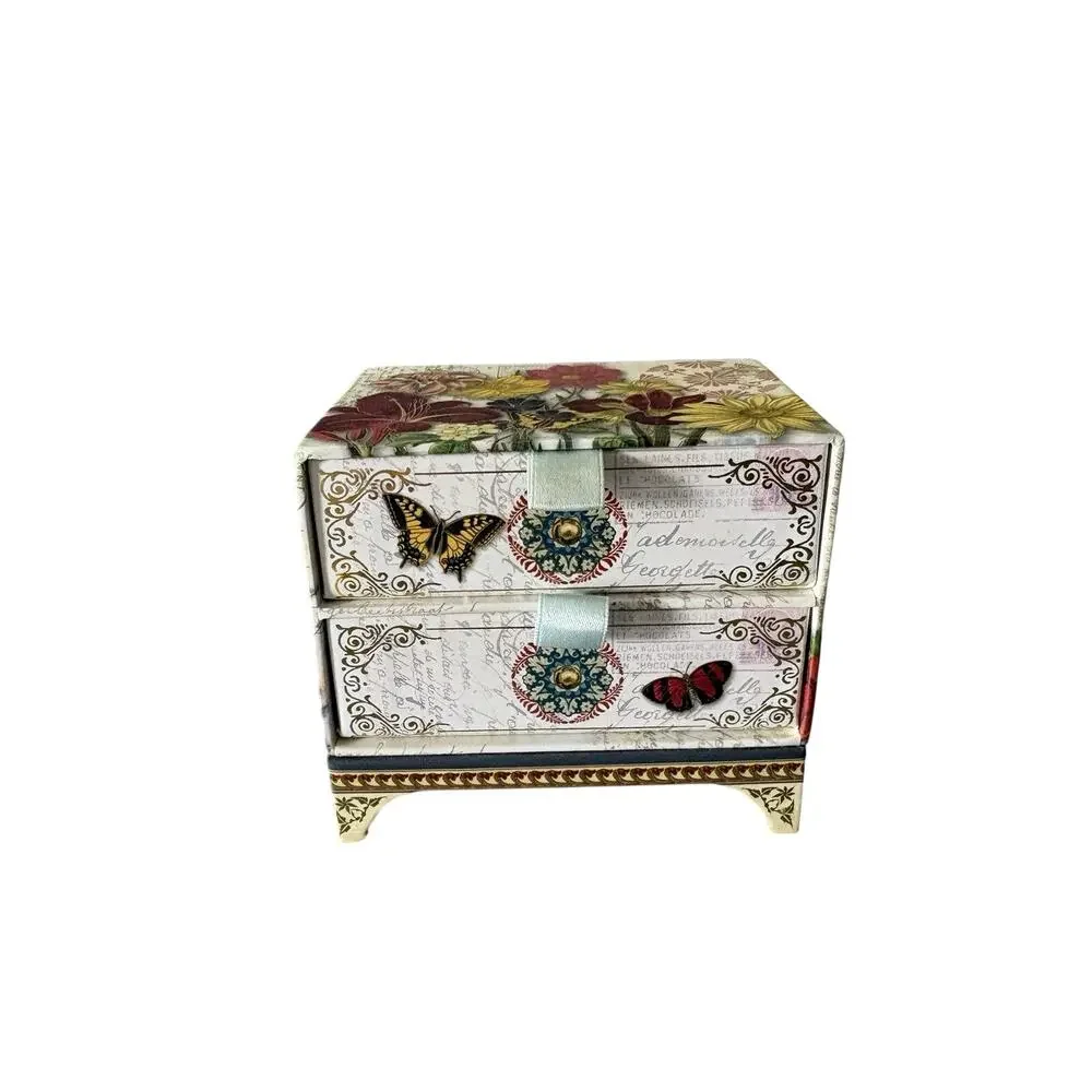 Punch Studio Floral Butterfly 2 Drawer Keepsake Jewelry Box Trinket Chest Vanity